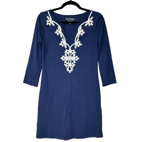 Lilly Pulitzer Dresses & Skirts - Lilly Pulitzer Marina Dress 3/4 Sleeves Embroidered Neckline Navy Blue Women XS